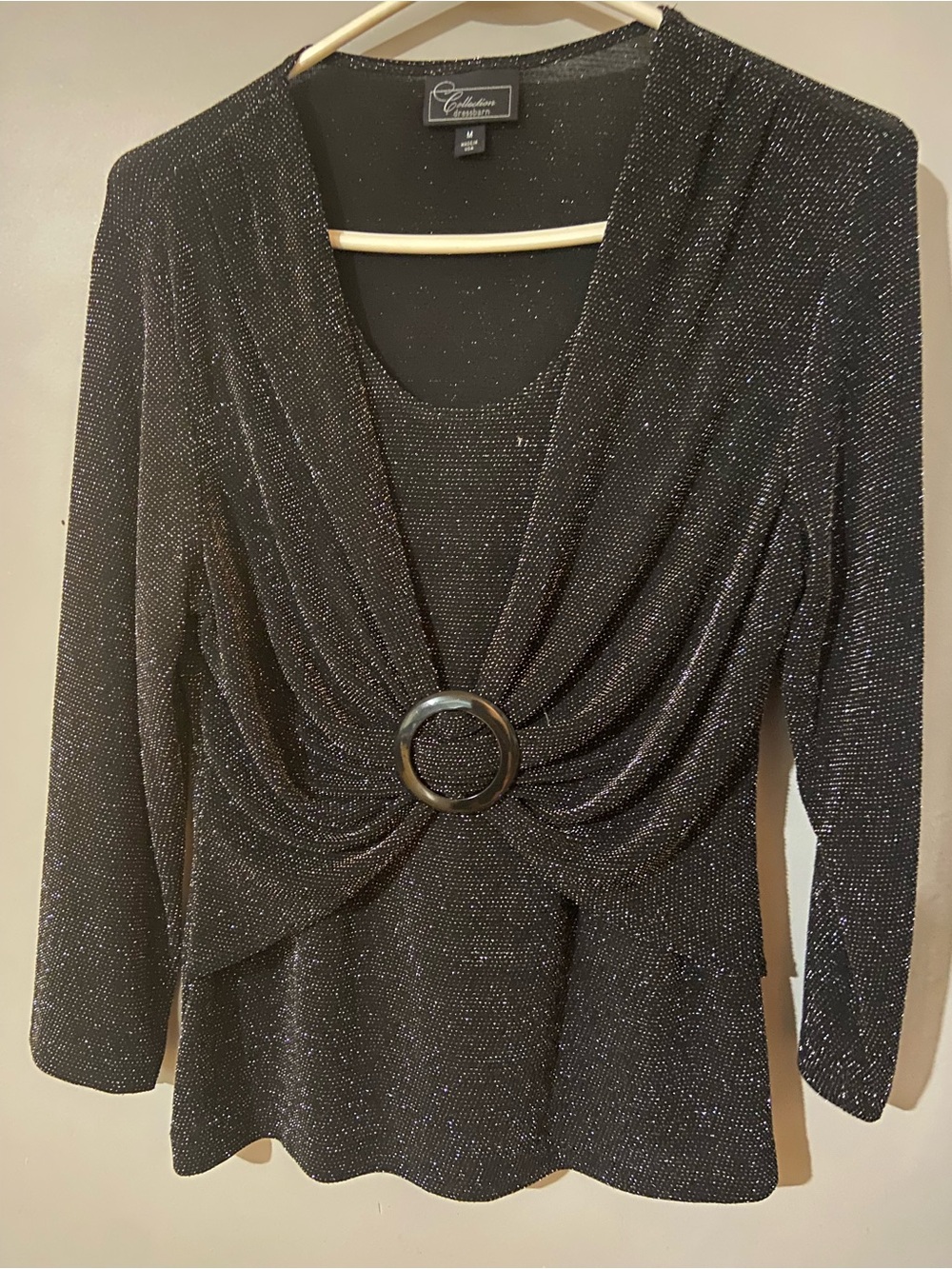 dressbarn Black Sparkle Ring-Front Long Sleeve Top